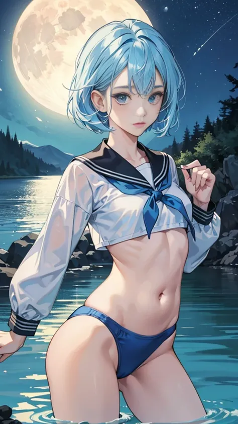 best image quality、highest quality、8K、upper body、school uniform、thighs、long sleeve、light blue hair、bob hair、blue eyes、swimsuit、I can see your belly button、I can see your stomach、lake at night、fantastic moon、chest