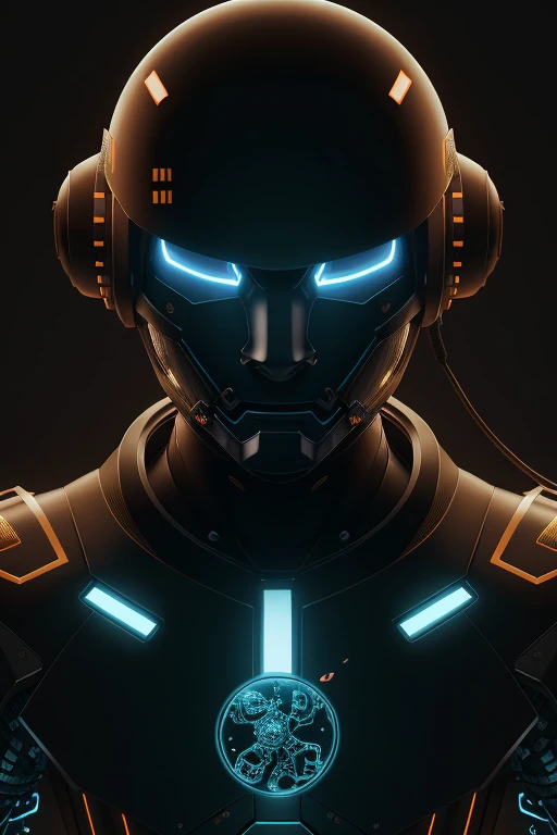 Close-up of mshn robot , football, cyborg ,  Wearing cyber helmet glowing circle , War Armor, Minsen factory, tube connected to neck, Neon lights realistic, masterpiece, best quality, 35mm film, film particles, cyberpunk,Ebony Gold AI