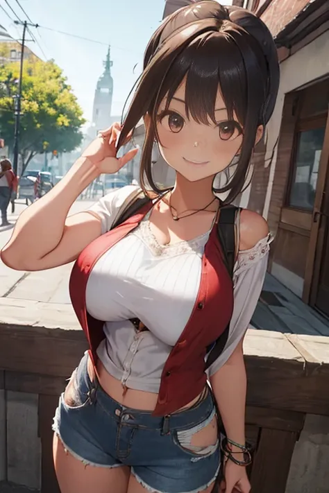 masterpiece、The best、1 female、denim vest、Denim shorts、Red shirt， Bun bun、black hair、Shoulder leakage、big breasts、chubby、Smile、White suspender tights、lace leggingackpack，On campus，pose