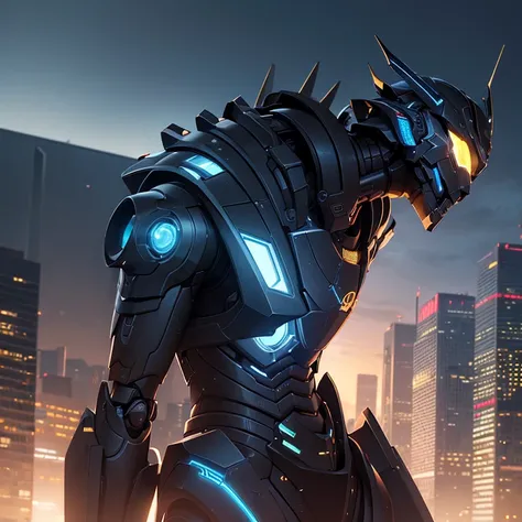 (Extremely detailed CG unified 8k wallpaper,masterpiece, best quality, Super detailed),(best lighting, best shadow, extremely delicate and beautiful),dystopian cityscape,neon lights,Reflective black and blue armor,robot warrior,guard.