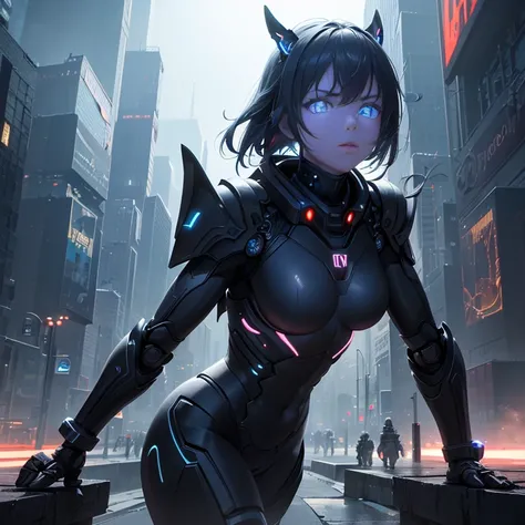 (ultra-detailed CG wallpaper, masterpiece:1.2, best quality, 8k resolution, hyper-detailed), (optimal lighting, best shadows, extremely exquisite and beautiful), dystopian cityscape, neon lights, reflective black and blue armor, robotic warriors, guards.