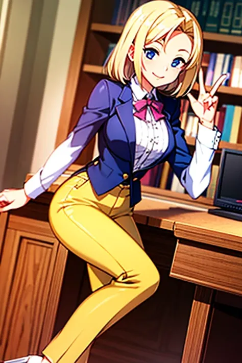 Blonde hair Vevet pants Heels Desk Smile