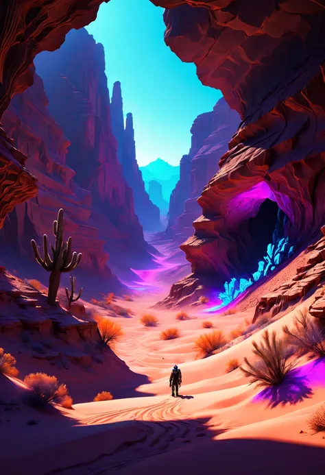 blacklight art, Desert Canyon, octane render, intricate, (best quality, masterpiece, Representative work, official art, Professional, unity 8k wallpaper)