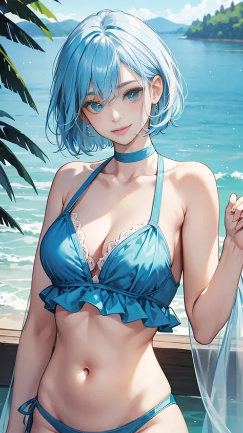 best image quality、highest quality、8K、upper body、thighs、light blue hair、bob hair、blue eyes、swimsuit、I can see your belly button、I can see your stomach、lake at night、normal chest、smile、closed mouth