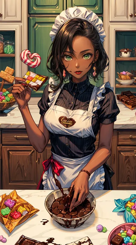 (((masterpiece, high quality, disorganized), 1 female, black hair,  green eyes, perfect face, perfect body, big breasts, sports organizations, low length, (((very dark skin))), solo, detailed eyes and face, compensate, red lips, apron, cook costume, Pour c...