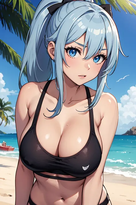 Luo from isekai nonbiri nouka with gray ponytail hair, big breasts and blue eyes and a sports bra on the beach of a desert island
