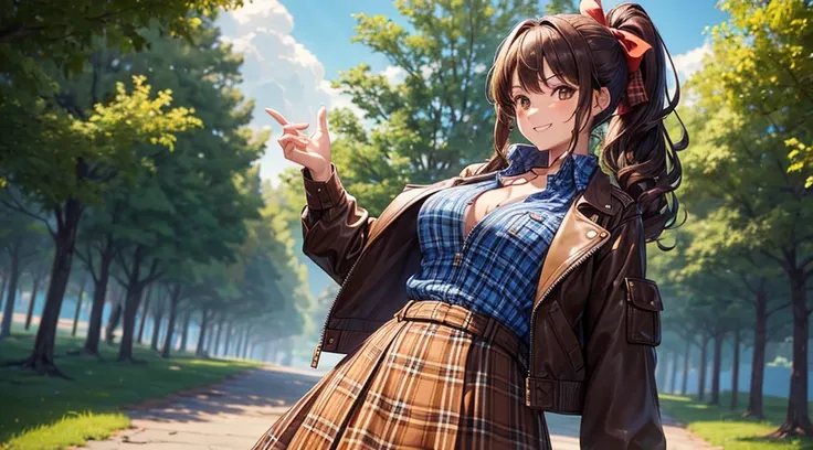 1girl, solo, village, trees, brown hair, long hair, curly hair, ponytail, large breasts, button down shirt, ((blue checked shirt)), ((unbuttoned shirt)), brown eyes, ((opened brown zipper jacket)), leather jacket, red and black skirt, grin, looking at the ...