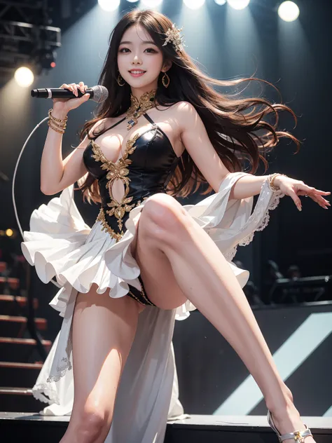 8k, highest quality, high resolution, realistic, real person, live stage with a large audience, one girl, young and cute korean idol, ((KARA)), big, long and beautiful legs, dancing violently in various poses while smiling on stage, holding microphone in h...