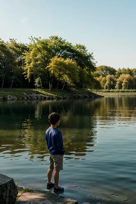 1 boy, water, lake, tree, stone