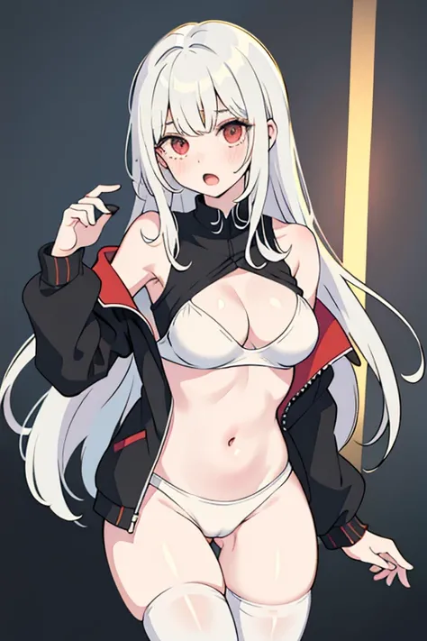 (masterpiece, top quality, best quality), european, 1girl, :o, armpits, bangs, bare shoulders, black jacket, blush, breasts, cleavage, cowboy shot, jacket, large breasts, long hair, looking at viewer, navel, off shoulder, open clothes, open jacket, open mo...