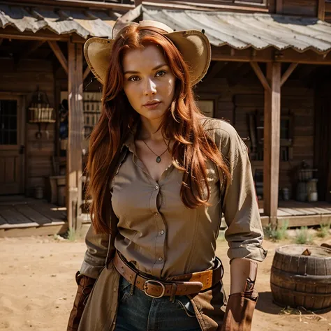 Create a realistic photo of a red-haired woman with the same face as this photo, dressed as a cowgirl, in an old-west setting.