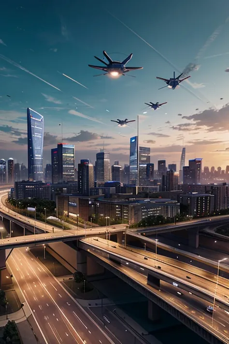 Create a representation of a city of the future, with autonomous vehicles flying through the skies and AI controlling infrastructure to ensure efficiency and safety