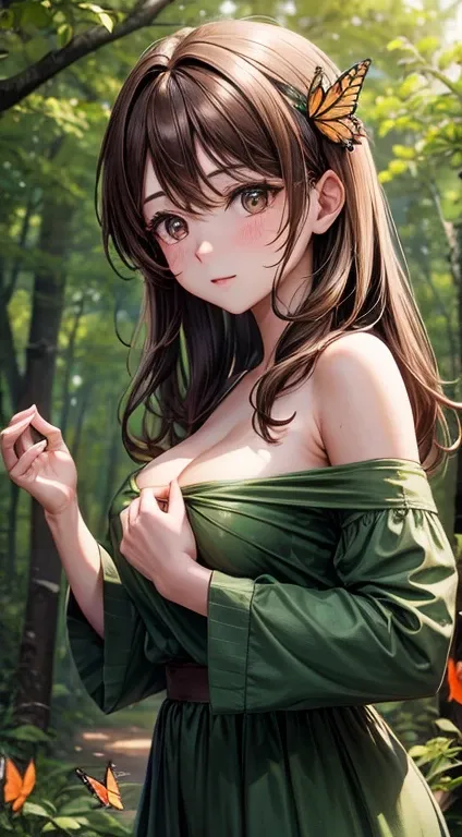 Brown Hair, In forest background, Beautiful face, Beautiful breast, release butterfly, cinematic look, portait