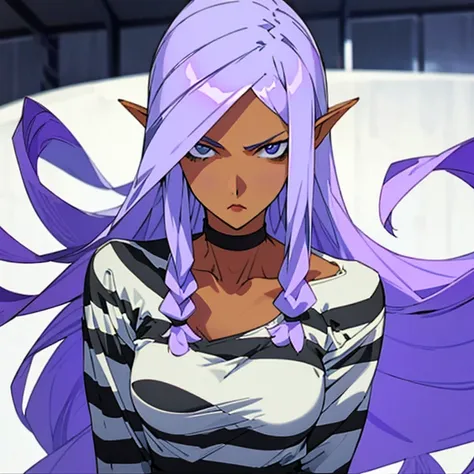 woman with long purple hair, stern look, striped prison clothes, long sleeve shirt, black and white harazontal stripes, round ne...