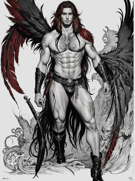 (painting of Sergio Toppi ),(inspired bySergio Toppi :1.2),fantasy theme,(line art , sketch ,Monochrome), CHROME,a brave giant,((floating long black hair decorated with red feathers,bloody eyes,shiny skin,highly naked,strong,muscular,handsome,(Hair with lo...