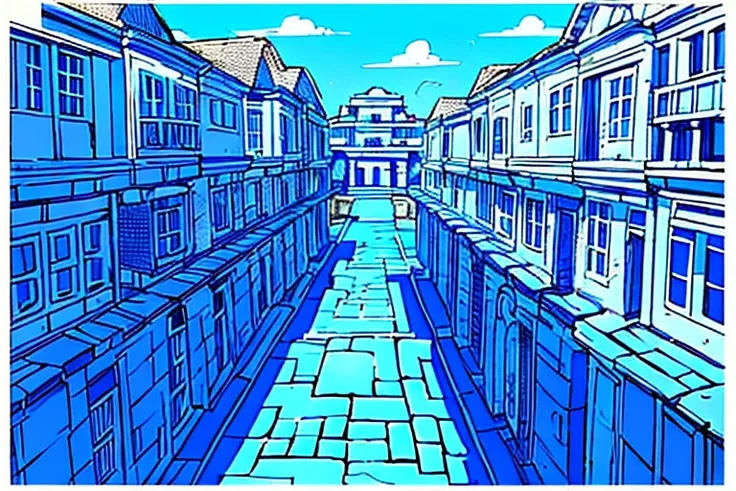 (masterpiece), (blue ancient sumerian city made of blue stone bricks), (blue stone bricks), sprawling city, buildings, (2-point perspective), (two point perspective)