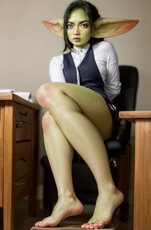 green face. Nice, leicht dicklich, barefoot A modern lascivious sexy goblin girl as a psychiatrist. She wears modern business attire in her office,  sie ist barfuss und ihre anzugsjacke ist offen und man kann ihren dicklichen bauch sehen. She is a goblin w...