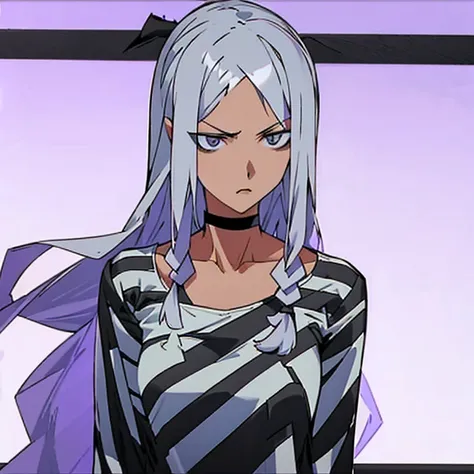 woman with long purple hair, stern look, striped prison clothes, long sleeve shirt, ((black and white harazontal stripes)), roun...