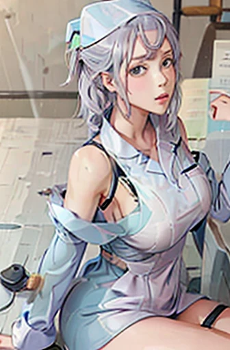 nurse uniform,hospital, latex nurse suit,nurses,busty,elbow gloves,labcoat,silverhair woman,blue eyes , gigantic boobs ,medical ...