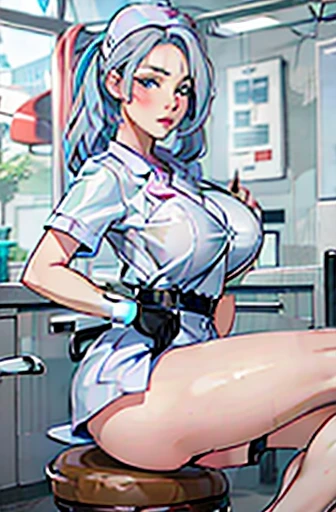 nurse uniform,hospital, latex nurse suit,nurses,busty,elbow gloves,labcoat,silverhair woman,blue eyes , gigantic boobs ,medical instruments,asian nurse,two nurses,speculum,examination room,oversize boobs, ,big ass ,strap on, lay on table ,legs spreaded,giv...