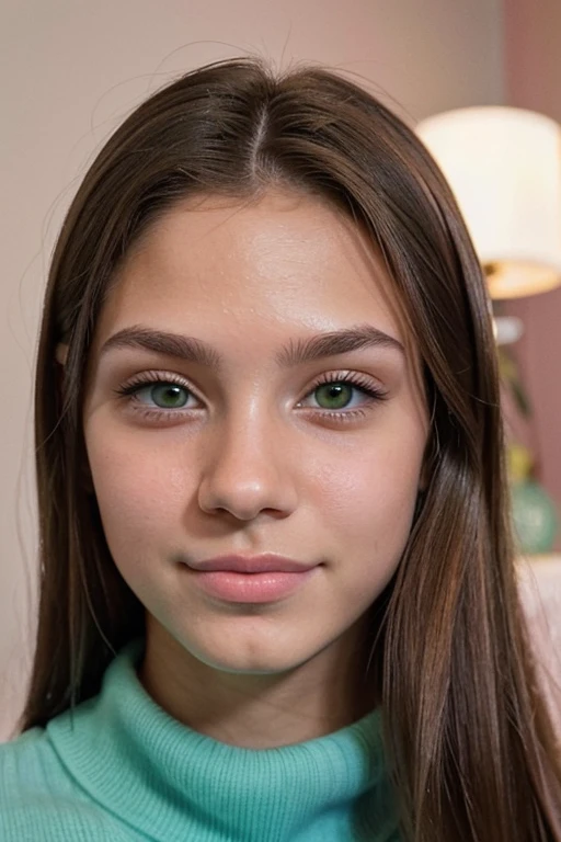 portrait of a 21-year-old woman with a light skin tone, straightened brown hair, almond-shaped green eyes, pink lips, a small chin, attractive eyebrows, a relaxed and confident facial expression, The image should capture a soft and serene atmosphere, with ...