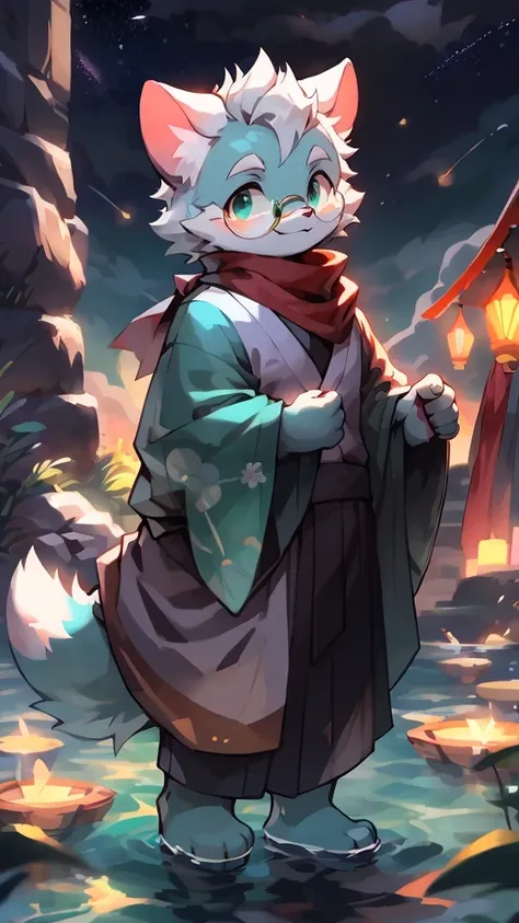 a portrait of a old, fully grown mature and aged  male cat with big round circle glasses and a red scarf, The cat is very tall. bushy tail, and perked-up fluffy big ears, one ear is lowered. He is fully clothed, he wears a fluffy warm and cozy kimono, a ha...