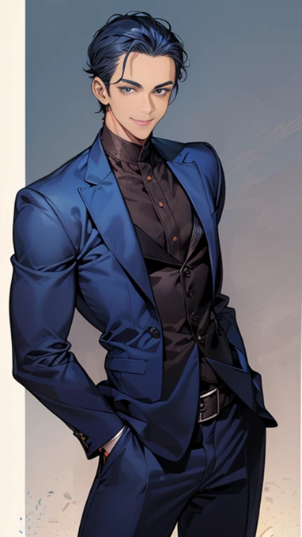 ((muste piece)), ((best quality)), ((brown skin)), ((Dark blue eyes)), ((dark blue hair)), Handsome man , (((very short hair、Forehead)), masculine、tall、sexy、 man、Sanpaku eyes、grinning grin、suit、ハンサム man、Shigeru Koura、Firmly、muscular、broad shoulders、all bac...