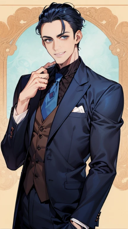 ((muste piece)), ((best quality)), ((brown skin)), ((Dark blue eyes)), ((dark blue hair)), Handsome man , (((very short hair、Forehead)), masculine、tall、sexy、 man、Sanpaku eyes、grinning grin、suit、ハンサム man、Shigeru Koura、Firmly、muscular、broad shoulders、all bac...