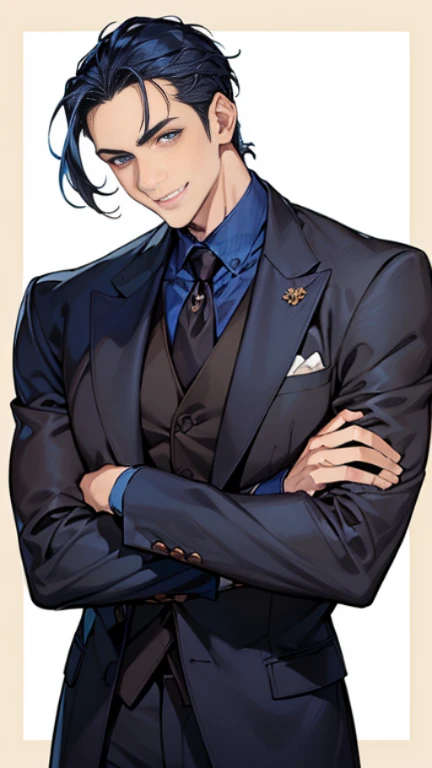 ((muste piece)), ((best quality)), ((brown skin)), ((Dark blue eyes)), ((dark blue hair)), Handsome man , (((very short hair、Forehead)), masculine、tall、sexy、 man、Sanpaku eyes、grinning grin、suit、ハンサム man、Shigeru Koura、Firmly、muscular、broad shoulders、all bac...