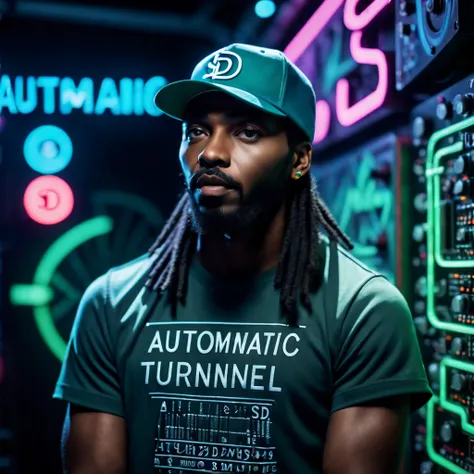 cinematic ((half body)) portrait photo of an afro american 30 y.o. trip-hop rap singer male with ((long)) black rasta hair and mustache and round beard ((speaking in a microphone)) in front of a (((futuristic circuit board tunnel, neon signs, neon lights, ...