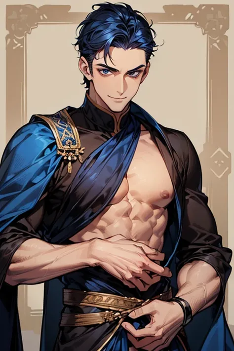 ((muste piece)), ((best quality)), ((brown skin)), ((dark blue eyes)), ((Dark blue hair))、handsome man , ((very very short hair、No bangs、Forehead)), masculine、tall、sexy、Adult man、Three white eyes、handsome man、Kowamote、firmly、muscular、broad shoulders、fearle...