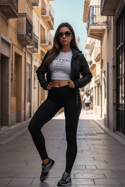 32K Fotografia de una mujer con leggins y chaqueta de cuero sin ropa interior, tomada en la calle de la PAZ en Valencia, Spain in broad daylight