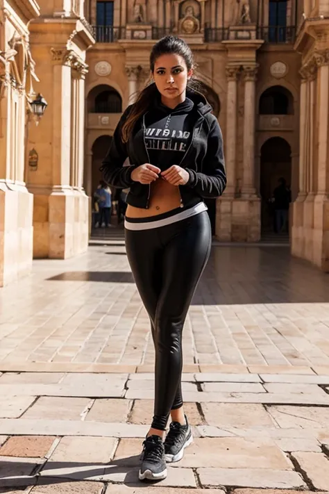 32K Fotografia de una mujer con leggins y chaqueta de cuero sin ropa interior, tomada en la plaza de la virgen de Valencia, Spain in broad daylight