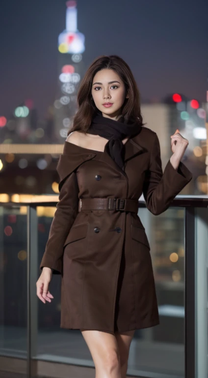 ((highest quality、8K、masterpiece:1.3)), Full body Esbian, long legs, sharp focus:1.2, beautiful woman with perfect figure:1.4, slender abs:1.1, ((dark brown hair、shortcut、huge boobs:1.2))　Winter cityscape、long coat、Scarf、