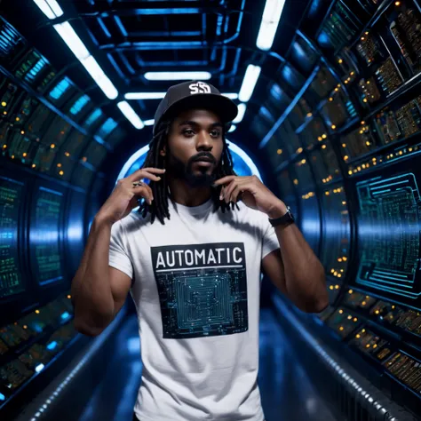 cinematic ((half body)) portrait photo of an afro american 30 y.o. trip-hop rap singer male with ((long)) black rasta hair and mustache and round beard ((speaking in a microphone)) in front of a (((futuristic circuit board tunnel, in perspective view))), w...