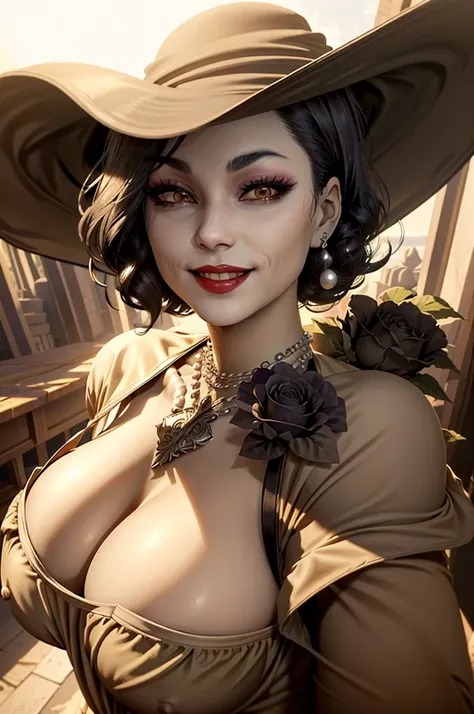 (masterpiece, best quality)
1girl, LadyDimitrescu, light skin, black hair, black flower, black rose, jewelry, breasts, necklace, hat, solo, yellow eyes, flower, dress, makeup, cleavage, pale skin, looking at viewer, earrings, lipstick, red lips, pearl neck...