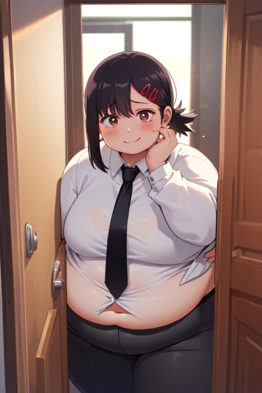 masterpiece, best quality, ultra-detailed, illustration, epic lighting, cinematic composition, isometric, 1girl, solo, cute, obese body, brown eyes, fat arms, fat belly, thick thighs, black hair, swept bangs, single sidelock, red hairclip, white collared s...