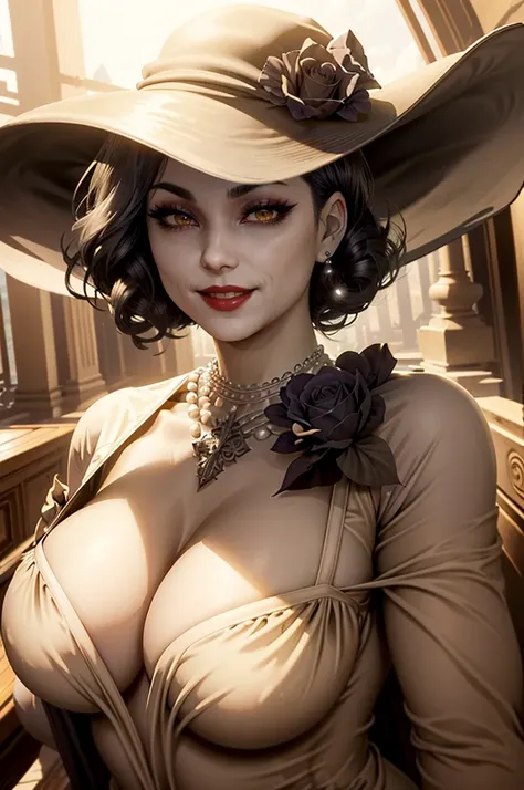 (masterpiece, best quality)
1girl, LadyDimitrescu, light skin, black hair, black flower, black rose, jewelry, breasts, necklace, hat, solo, yellow eyes, flower, dress, makeup, cleavage, pale skin, looking at viewer, earrings, lipstick, red lips, pearl neck...