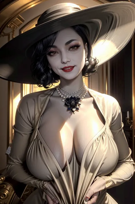 (masterpiece, best quality)
1girl, LadyDimitrescu, light skin, black hair, black flower, black rose, jewelry, breasts, necklace, hat, solo, yellow eyes, flower, dress, makeup, cleavage, pale skin, looking at viewer, earrings, lipstick, red lips, pearl neck...