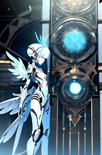 A humanoid robot is floating in front of a clock, white and metallic in texture, streamlined profile with little ornamentation, A large blue round stone inlaid on chest, ((Three pairs of light blue big wings on its back)), Feminine shape, city, full body, ...