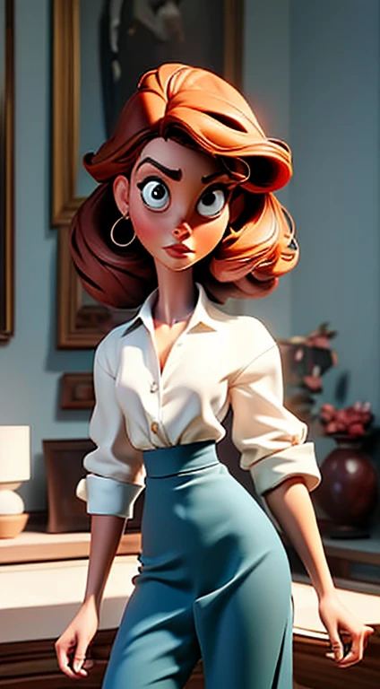 there is a woman in a white blouse and blue shorts standing in a living room, # 1 pintura digital of all time, #1 pintura digital of all time, suave. pintura digital, cartoon pintura digital, totalmente vestido. pintura de sexy, pintado digitalmente, in st...