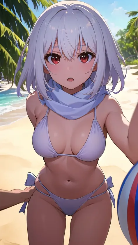 masterpiece, best quality, 1 solo girl, white hair, red eyes, short hair, medium breasts, mature body and face, wavy hair, white bikini, scarf, beach, white sand, beach ball, summer, leg up, cowboy shots, detailed body, face, and eyes, sharp focus, vibrant...