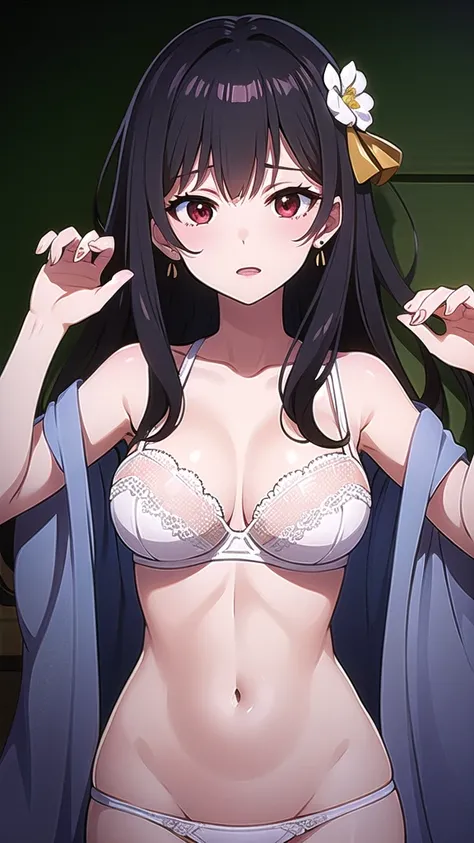 masterpiece, best quality, 1 solo girl, black hair, red eyes, long hair, wavy hair, medium breasts, mature body and face, white kimono, jewelry, hair ornament, white bra, white panty, earrings, tatami, night sky, cowboy shots, sexy pose, dakimakura, detail...