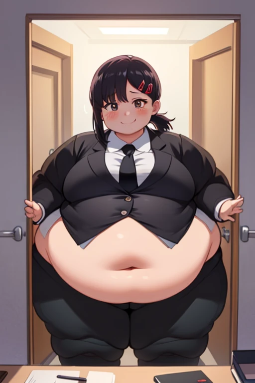 masterpiece, best quality, ultra-detailed, illustration, epic lighting, cinematic composition, isometric, 1girl, solo, cute, obese body, brown eyes, fat arms, fat belly, thick thighs, black hair, swept bangs, single sidelock, panties, red hairclip, white c...