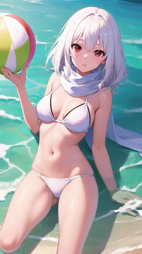 masterpiece, best quality, 1 solo girl, white hair, red eyes, short hair, medium breasts, mature body and face, wavy hair, white bikini, scarf, beach, white sand, beach ball, summer, leg up, cowboy shots, detailed body, face, and eyes, sharp focus, vibrant...