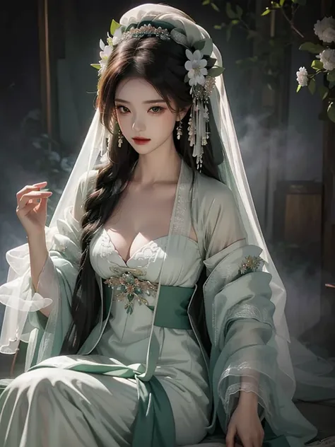 A woman in a green and white dress sits on a chair，veil on head，A flower in the hair, fantasy style, Fan Qi, Rococo, marble sculpture