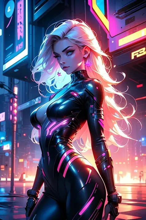 (best quality, high res, photo-realistic:1.37), long blond hair, beautiful face, toned and muscular body with defined abs, seductive and confident expression, large captivating breasts, slim waist accentuating curves, cyberpunk-inspired outfit with ripped ...