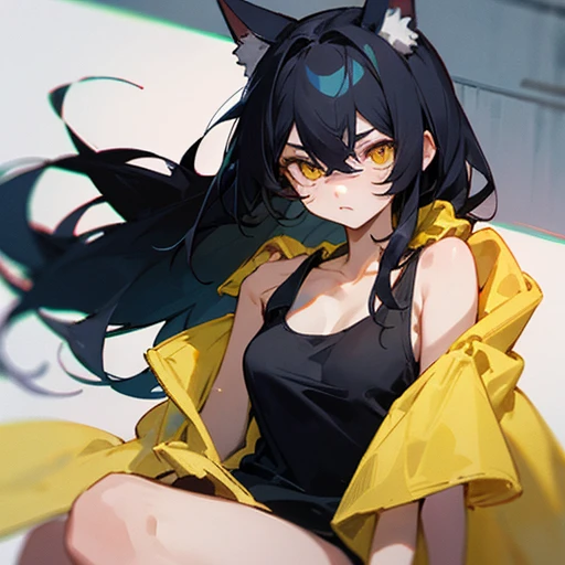 Name: Inugami Towel、yellow eyes and long black hair、holding a yellow towel、black tank top top