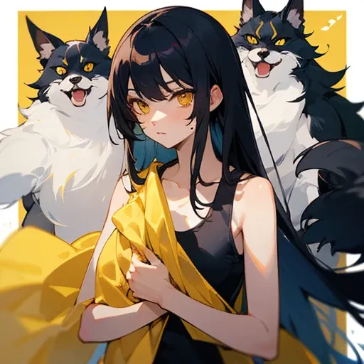 Name: Inugami Towel、yellow eyes and long black hair、holding a yellow towel、black tank top top