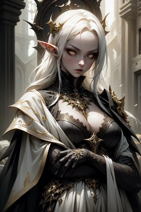 Beautiful vampire elf in demon slayer art, portraite of a. fantasy mixed with realism, white and gold dress style, detailed 4k fantasy artwork, eerie and grim art style, dark concept art, highly detailed exquisite fanart, white hair, white eyes,